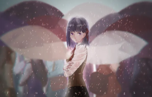Girl, rain, people, umbrella, anime, art, Fate Stay Night, Matou Sakura
