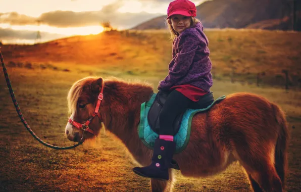 Look, the sun, sunset, nature, girl, pony