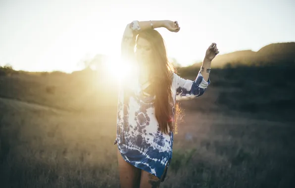 Girl, the sun, pose, hands, tattoo, tattoo, brown hair