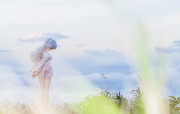 The sky, grass, the wind, toy, doll, blonde