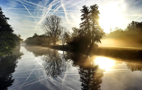 The sky, fog, river, morning
