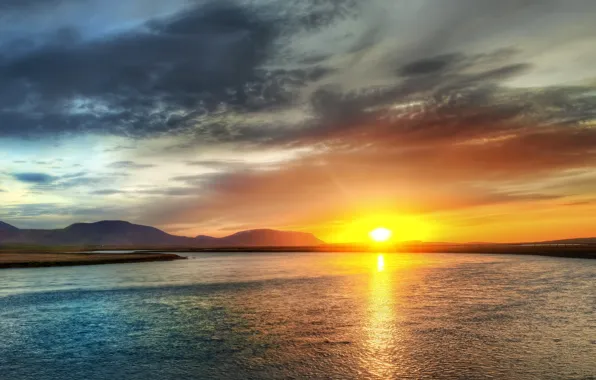 The sky, the sun, sunset, lake, shore