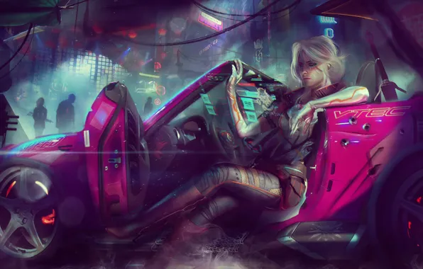 Wallpaper cyberpunk 2077, a girl with car, art desktop wallpaper, hd image,  picture, background, e70fea