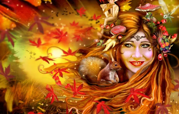 Picture autumn, leaves, girl, owl, elf, mushrooms, protein