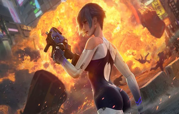 Girl, machine, the city, style, weapons, people, fiction, fire