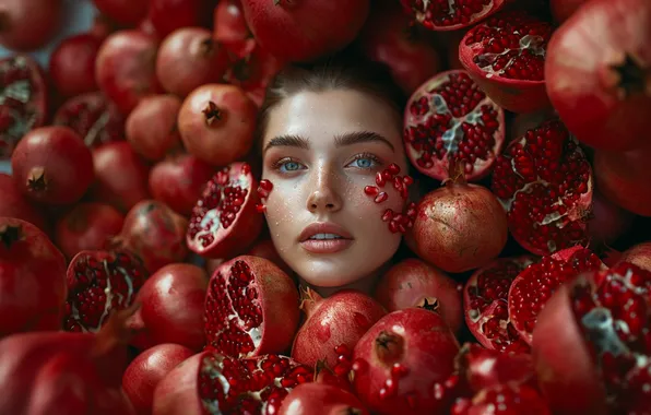 Look, girl, pose, portrait, red, fruit, a lot, grenades