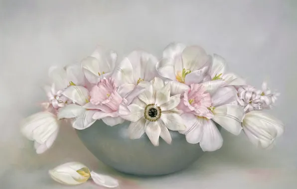 Flowers, bouquet, bowl, petals, art, tulips, pink, white