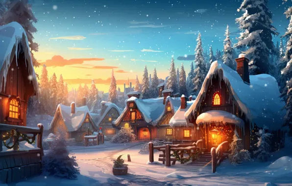 Winter, snow, lights, new year, Christmas, house, AI art, neural network