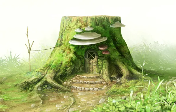 Mushrooms, stump, house, mmoh