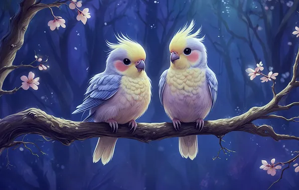 Birds, spring, pair, parrots