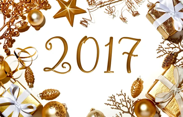Picture New Year, Christmas, golden, new year, happy, balls, merry christmas, decoration