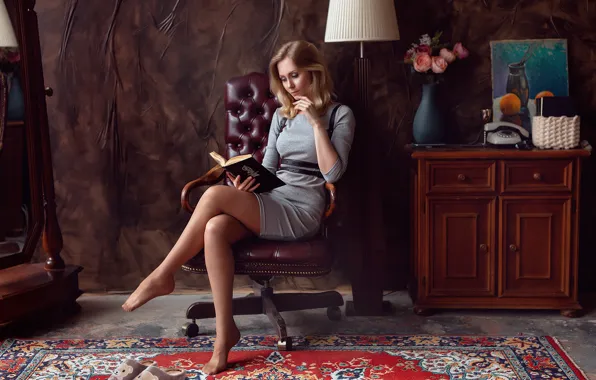 Picture look, girl, pose, room, chair, dress, book, legs
