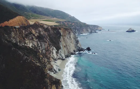 Road, wave, beach, fog, rocks, CA, island, coastline