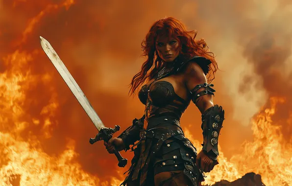 Fire, Girl, sword, fantasy, fire, red, sword, blue eyes