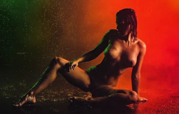 Chest, water, drops, squirt, pose, model, naked, body