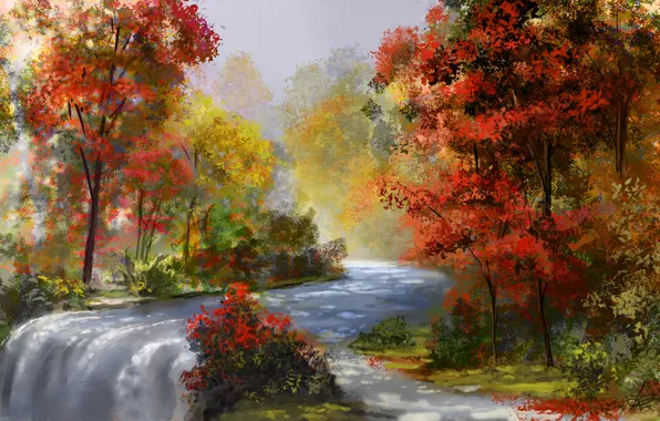 Autumn, water, trees, river, stream, art