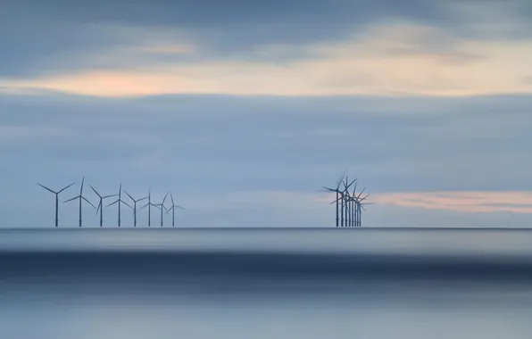 Picture sea, landscape, sunset, windmills