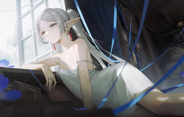 Girl, flowers, elf, books, window, fantasy, Sousou no Frieren, Freeze