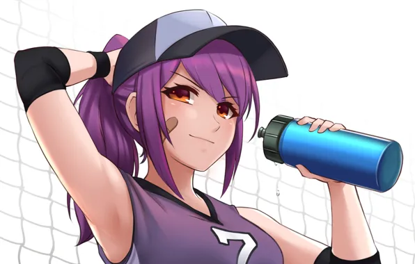 Girl, anime, purple hair, net, bonnet, anime girl, water bottle, original characters