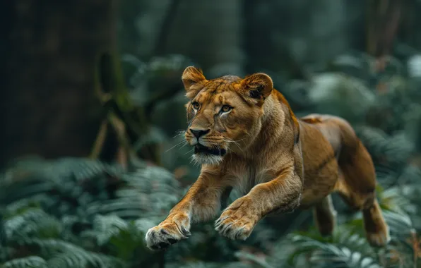 Leaves, Lioness, Jump, Digital art, Big cat, Closeup, Predator, AI art