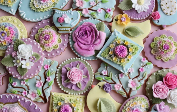 Flowers, colored, spring, cookies, form, sweet, glaze