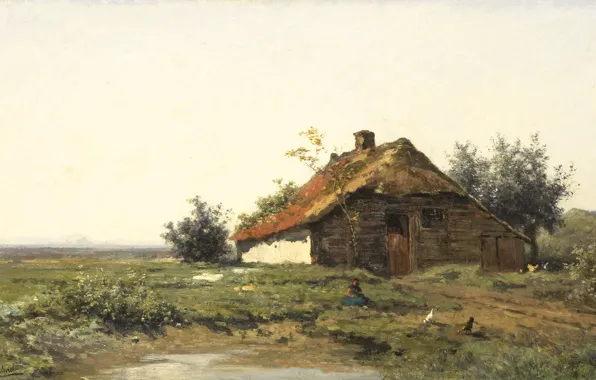 Landscape, oil, picture, canvas, 1903, Paul Gabriel, Paul Gabriel, Rural house in open field