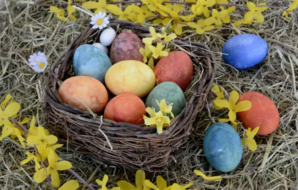 Flowers, holiday, basket, eggs, Easter, hay