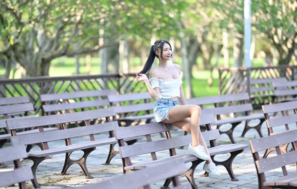 Brunette, neckline, top, Asian, cleavage, gesture, benches, brunette