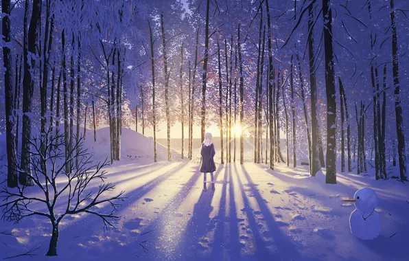 Picture winter, girl, the sun, snow, trees, sunset, anime, art