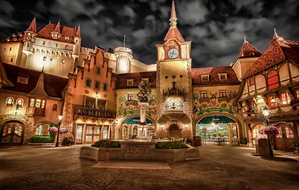 Light, night, Park, castle, tower, fountain, USA, FL