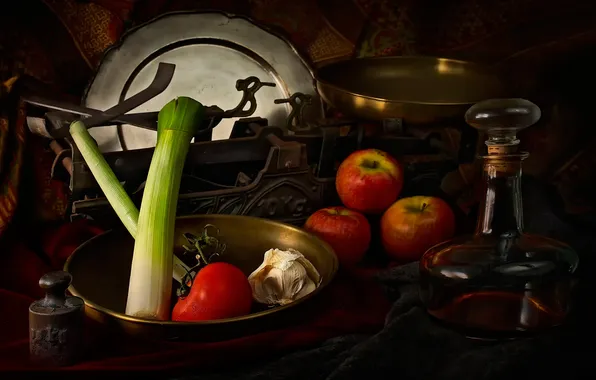 Picture apples, bow, Libra, tomato, garlic