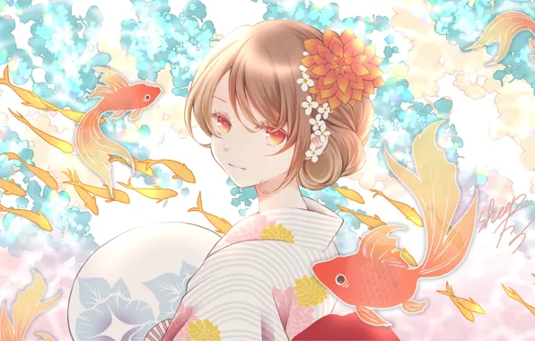 Picture girl, fish, goldfish