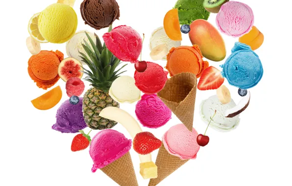 Cherry, kiwi, strawberry, ice cream, fruit, pineapple, banana, peach