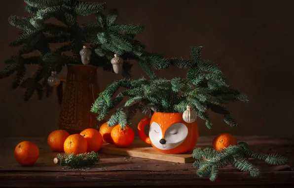 Picture decoration, branches, holiday, toys, new year, spruce, Fox, mug