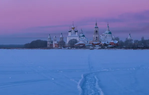 Picture winter, snow, dawn, morning, Russia, the monastery, temples, Church
