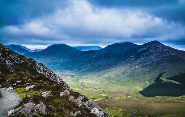 Picture the sky, clouds, landscape, mountains, nature, rocks, valley, horizon