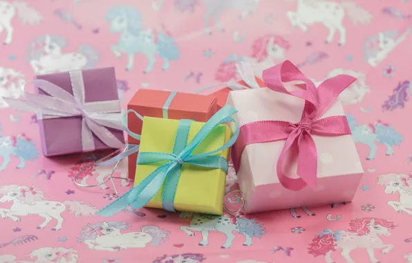 Holiday, box, gift, tape, gifts, bows, bow, pink background