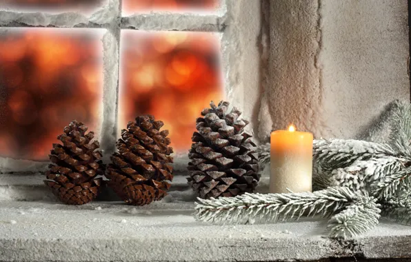 Winter, light, snow, candle, window, Christmas, light, holidays