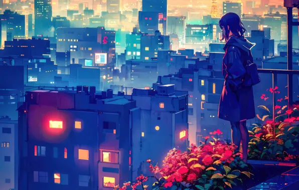 Picture city, lights, girl, anime, urban, isolation