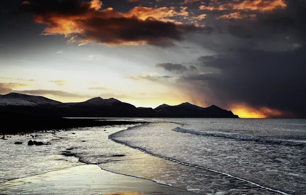 Picture sea, wave, beach, sunset, mountains, rocks, the evening