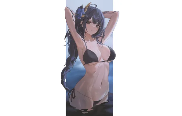 Girl, sexy, wet, boobs, anime, water, ponytail, pretty