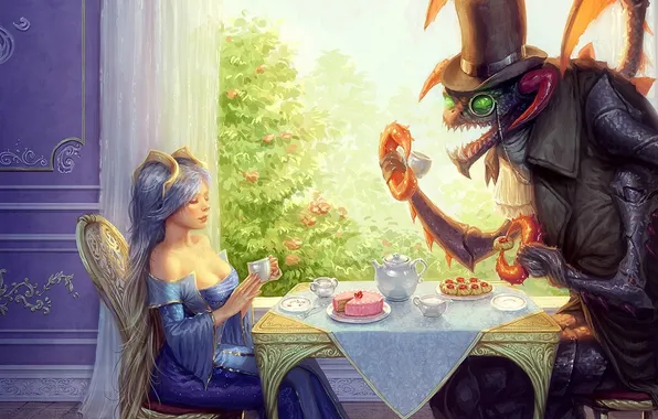 Picture table, beetle, window, Alice, the tea party, Alice, Mad Hatter, Mad Hatter