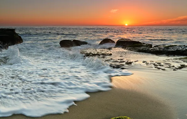 Picture sea, the sky, foam, sunset, squirt, stones, horizon