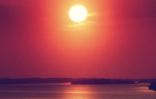 Sunset, lake, reflection, boats, orange sky, the shore of the lake
