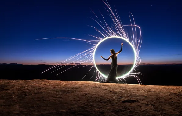 The sky, girl, stars, light, landscape, night, nature, pose