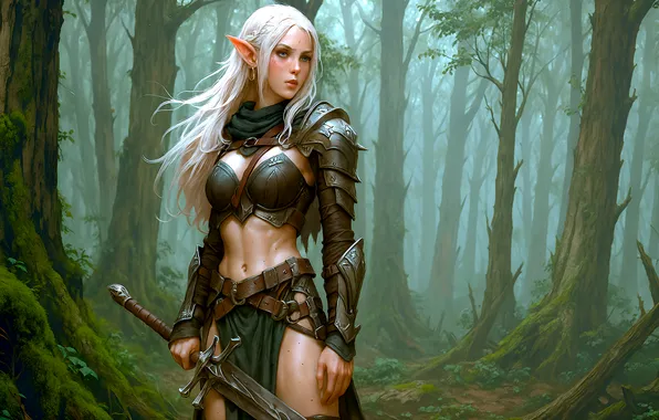 Picture girl, sword, fantasy, forest, cleavage, armor, trees, digital art