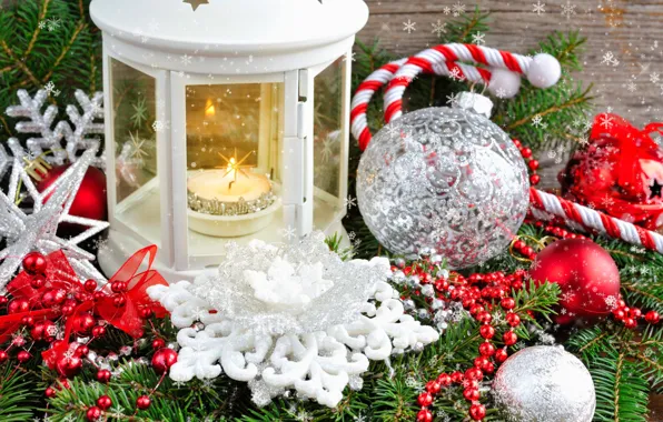 Balls, decoration, snowflakes, lantern, tinsel, composition, decoration, spruce branches