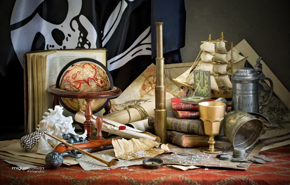 Card, ship, books, tube, shell, coins, still life, compass