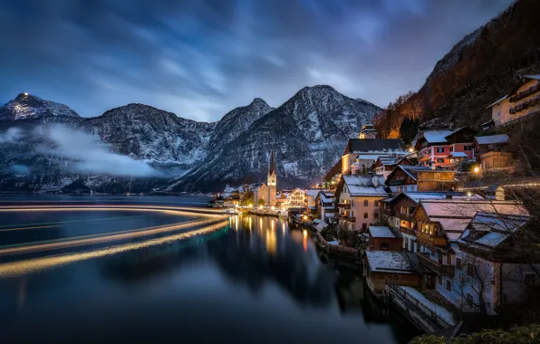 Landscape, mountains, night, lake, home, Austria, Alps, Austria