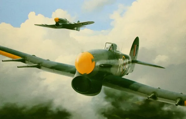 Aircraft, war, art, aviation, ww2, hawker typhoon